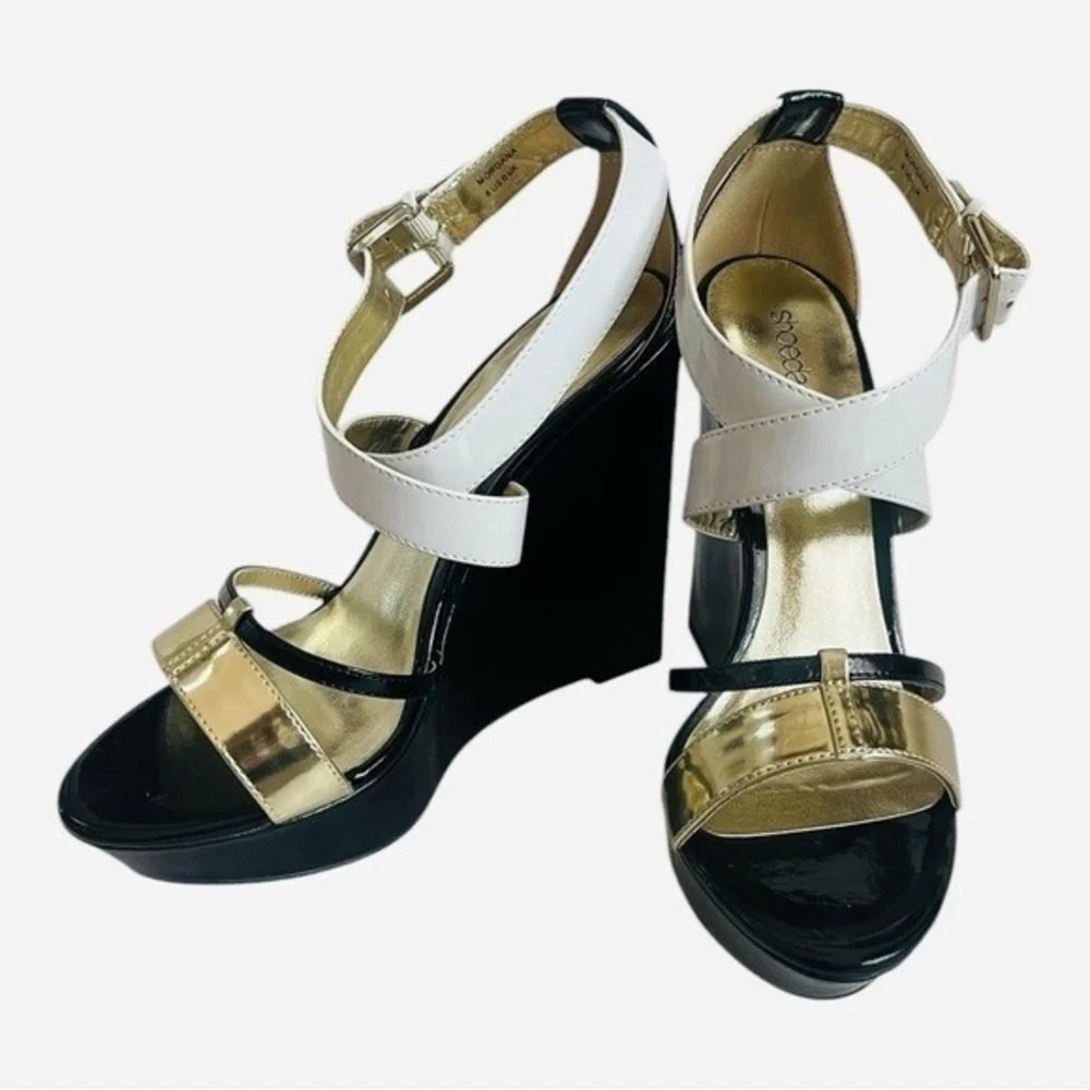 SHOEDAZZLE MORGANA Black Gold White Open Toe Platform Wedge Sandals Size 8